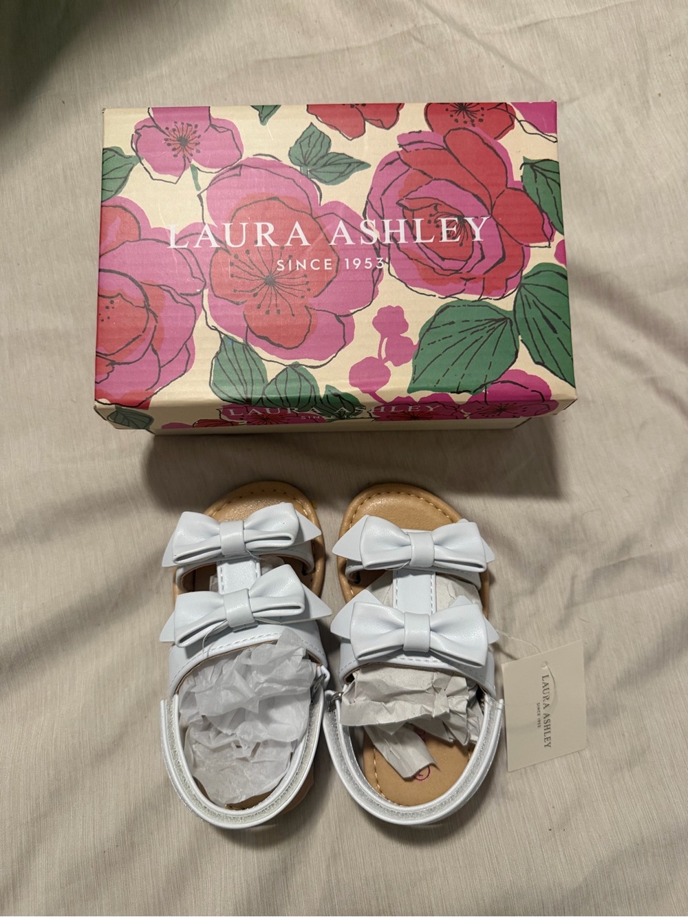 Laura Ashley White Bow Accent Girls Sandals